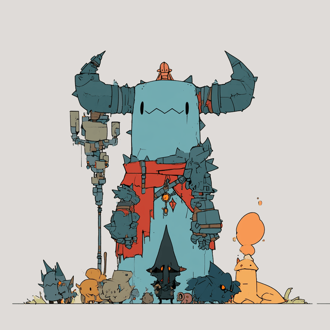 A stylized cartoon illustration of a large blue horned monster wearing spiked dark armor and a red tattered skirt, holding a spiked club, standing behind several smaller creature companions.