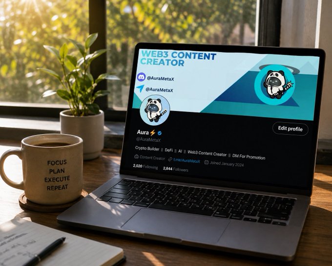 A laptop on a wooden desk displays a 'WEB3 CONTENT CREATOR' profile for '@AuraMetax', next to a mug reading 'FOCUS PLAN EXECUTE REPEAT' and a potted plant.