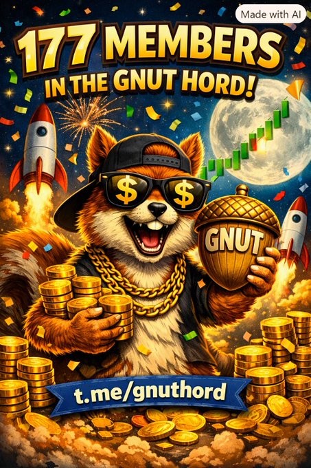 An AI-generated promotional graphic features a dog wearing sunglasses and a gold chain, holding gold coins and a trophy labeled 'GNUT', with text reading '177 MEMBERS IN THE GNUT HORD!' and 't.me/gnuthord'.