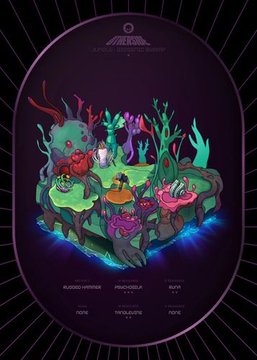 A colorful infographic with a dark purple background displaying a fantasy island scene featuring various characters, mushrooms, and coral-like plants, labeled 'Apex Legends' at the top with a compass rose showing rankings from Minnows to Apex at the bottom.