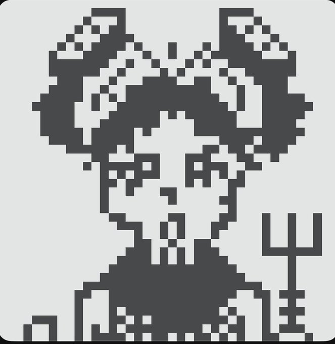 A pixel art image of a girl with twin buns wearing overalls, accompanied by a trident and a small creature.