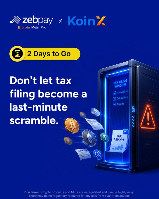 A ZebPay x KoinX promotional graphic reading "2 Days to Go - Don't let tax filing become a last-minute scramble" alongside illustrations of cryptocurrencies and tax documents.