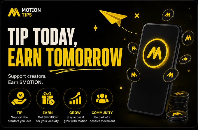 Promotional graphic for 'Motion Tips' with the slogan 'Tip Today, Earn Tomorrow,' encouraging users to support creators and earn $MOTION with icons for Tip, Earn, Grow, and Community.