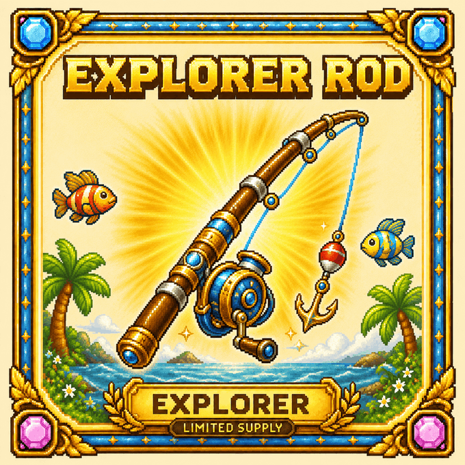 A pixel art promotional graphic for "Explorer Rod" featuring a fishing rod with an anchor lure against a tropical backdrop, labeled "EXPLORER" with "LIMITED SUPPLY" text, promoting the upcoming NFT mint event with only 444 available.