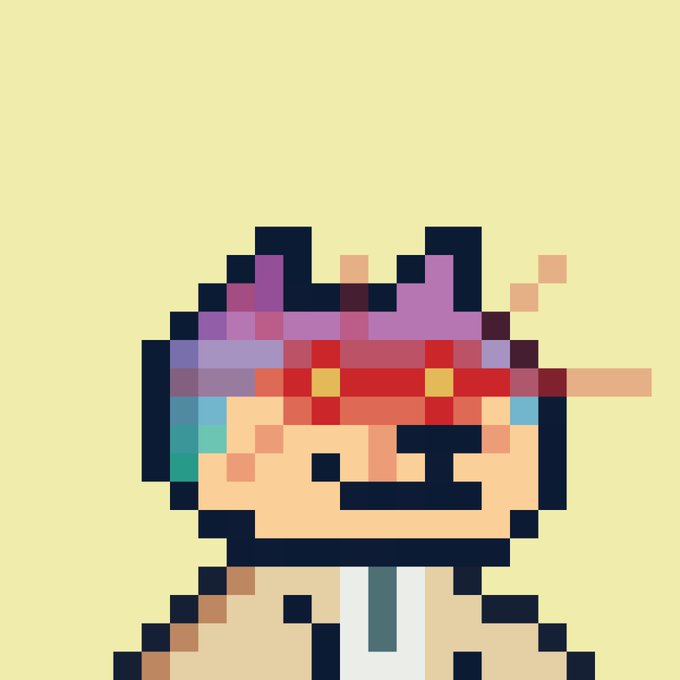 A pixel art image of a Doge wearing red laser sunglasses against a pale yellow background, perfectly matching the "good morning to everyone except those who don't own a Doge" post by showcasing the iconic Shiba Inu meme character in a stylish, tech-savvy pose.