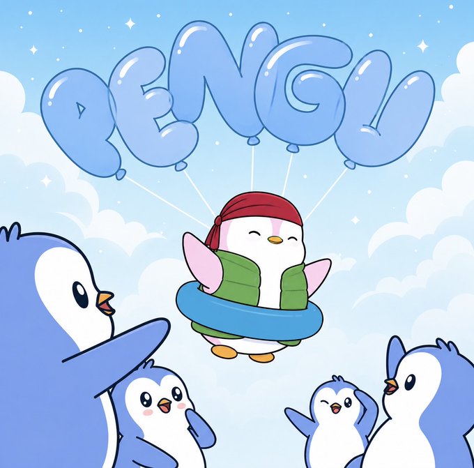 A cartoon illustration of cute penguins, with one penguin floating in a pool ring attached to balloon letters spelling 'PENGU' against a blue sky background.