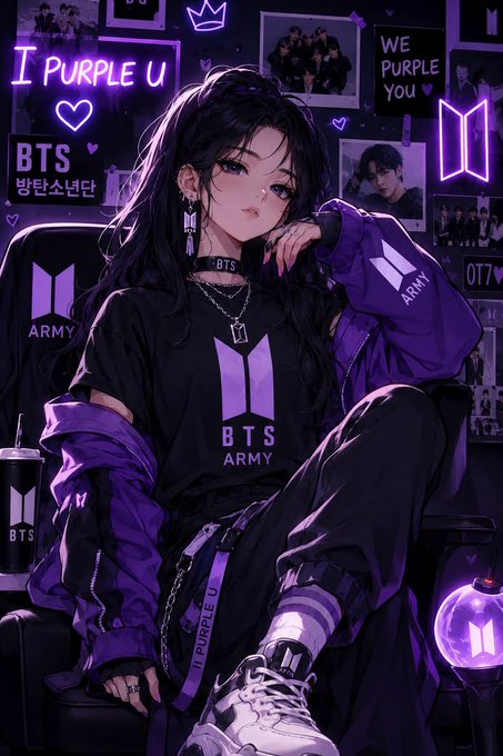An anime-style illustration depicts a dark-haired girl seated in a BTS-themed setup, wearing apparel featuring "BTS," "ARMY," and "I Purple U" text alongside a purple BTS logo, surrounded by posters, neon signs, and a tumbler. The image appears unrelated to the accompanying post about Axis Robotics and physical AI training for robots.
