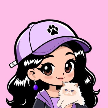 A cartoon illustration of a girl with long dark hair, a purple cap, and a small white cat on a pink background.