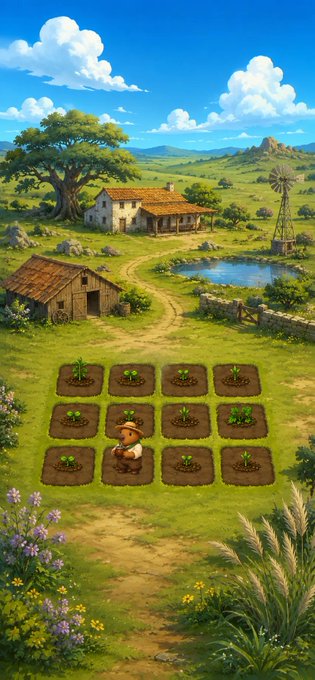 A pixel-art style illustration of a peaceful countryside farm with a farmhouse, windmill, pond, and a small farmer character tending to a grid of planted crop plots.