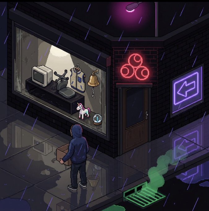 A pixel art scene depicting a hooded figure carrying a cardboard box past a pawn shop at night in the rain, with a neon red three-rings sign above the door, a blue back-arrow neon sign, and a glowing manhole cover emitting green steam.