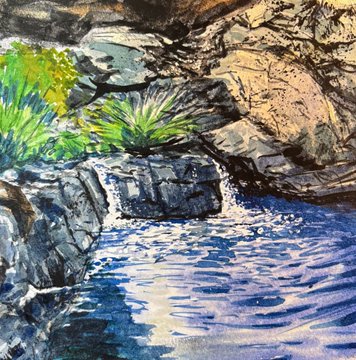 A watercolor painting depicting a rocky landscape with green agave-like plants beside blue rippling water.
