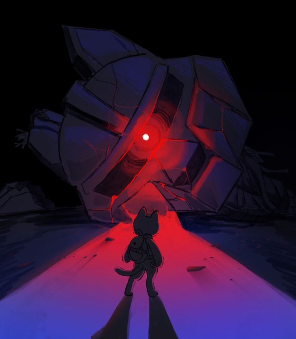 An illustration of a small character standing on a purple path facing a massive, broken mechanical structure emitting a glowing red eye and red light.
