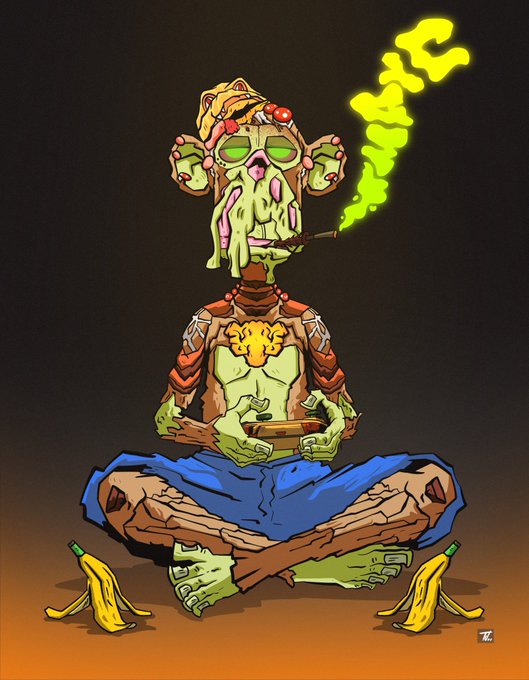 An illustration of a green-skinned shaman-like figure meditating cross-legged in blue pants, smoking a pipe that emits the word 'SHROOMS' in yellow smoke, wearing a pizza-slice hat and tribal jewelry with banana peels at their feet.