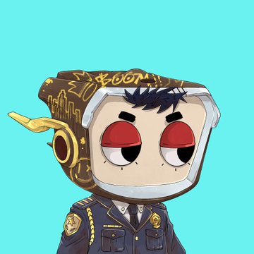 A stylized cartoon character with half-closed red eyes wears a brown and gold helmet and a police-style uniform, set against a solid teal background.