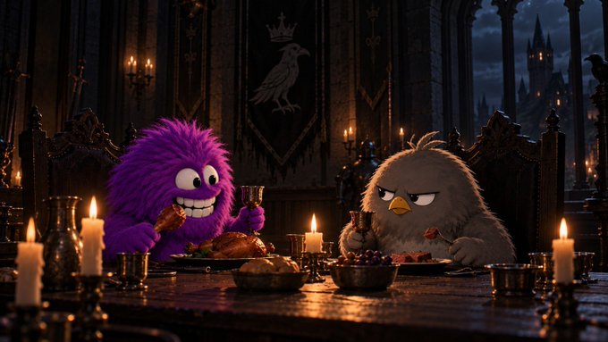 A stylized, gothic-themed image showing a purple and a gray fluffy bird-like character sitting at a candle-lit dining table with medieval decor.