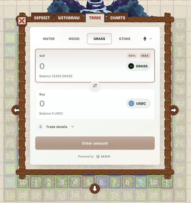 The image shows an online trading system with a screen displaying various sections of the platform such as "Trade Details", "Water", "Grass", "Stone", "Grain", "USDC", "Balance", and "Boot". A user interface is also visible, which allows them to perform actions related to trading in-game resources like harvesting or building. This interactive system enables users to navigate through the process of resource management by entering information about what they want to trade and then using a simple button to initiate the exchange. The post emphasizes the user experience with an emphasis on the new "Exchange" tab, highlighting how it facilitates easy trading in-game resources directly from the platform, without the need for third parties like banks or exchanges.