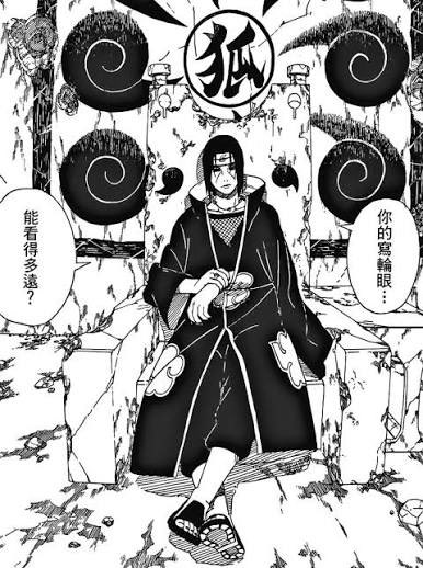 A manga panel shows Itachi Uchiha from Naruto in his Akatsuki cloak, sitting on a throne surrounded by lanterns, with the kanji "狐" (fox) above him and speech bubbles reading "能看得多远？" (How far can you see?) and "你的写轮眼..." (Your Sharingan...).

The image relates to the post's theme of becoming cold and guarded in the crypto world, as Itachi—a character known for sacrificing everything and trusting no one—visually embodies the post's warning about not helping others or partnering with strangers, lest one lose their fortune and harden their heart.