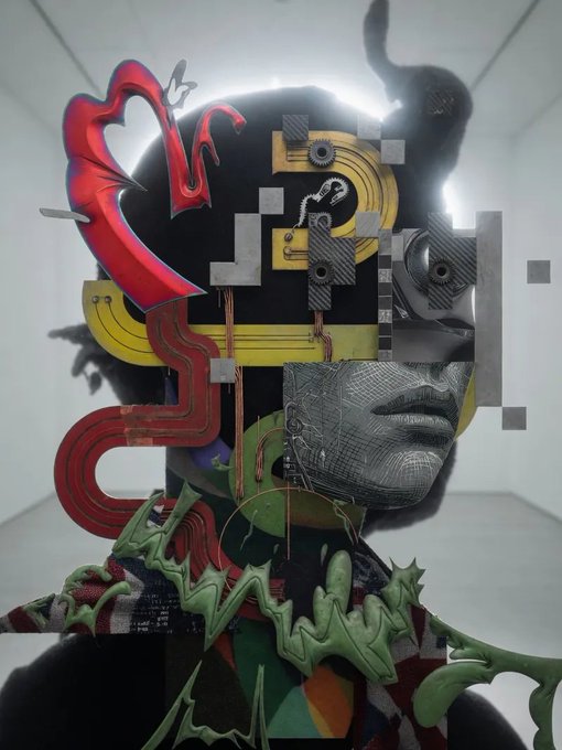 Surreal digital art piece featuring a fragmented face with mechanical, glitch-like elements, red heart shapes, and green slime textures set against a white background.