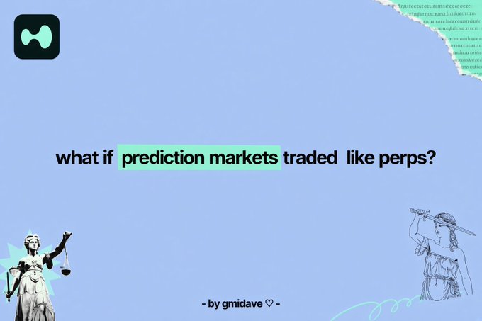 A light blue graphic asking 'what if prediction markets traded like perps?' with illustrations of Lady Justice figures and the credit '- by gmidave ♡ -'.