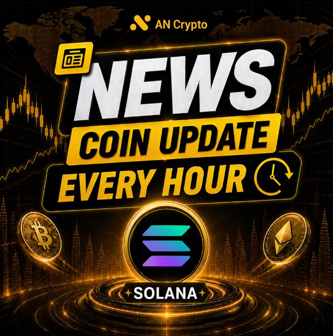 A promotional graphic for 'AN Crypto' featuring 'NEWS COIN UPDATE EVERY HOUR' with Bitcoin, Solana, and Ethereum coin icons displayed against a dark background with golden candlestick charts.