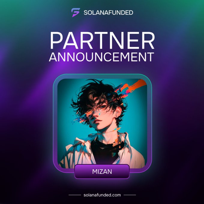 The image features a poster for a social media account that promotes itself as a trading platform for digital art enthusiasts called "solanafunded.com". In the center of the poster, there's an image of a person wearing glasses with short hair styled in a bun and a white shirt. This person is facing forward, looking directly at the viewer. The poster includes text that says "partner announcement" above and below the image, indicating that this account might be collaborating or announcing a new partnership. The focus of the post is on showcasing digital art content and encouraging people to trade smartly.
