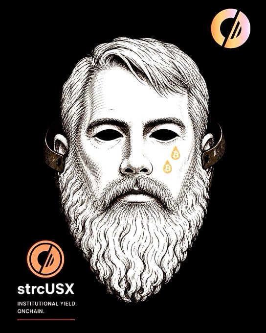 A black promotional poster featuring an illustration of a bearded man's face wearing blinders, with the logo 'strcUS' and tagline 'INSTITUTIONAL YIELD. ONCHAIN.' displayed at the bottom left.