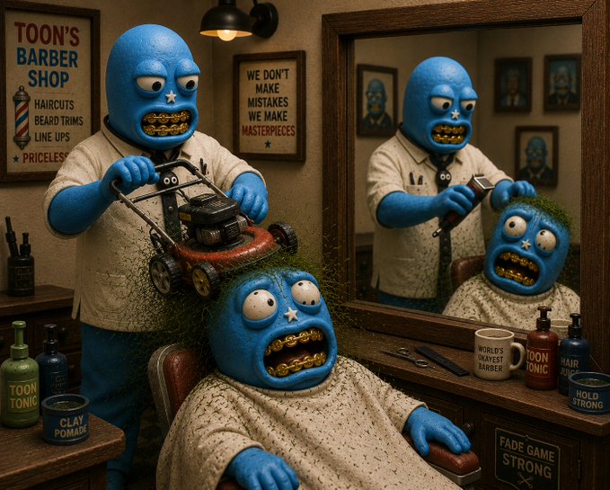 A surreal artistic image of blue-skinned cartoon-like characters at 'Toon's Barber Shop,' with a barber using a lawnmower-style device to cut a customer's hair, surrounded by various barber-themed signs and products.