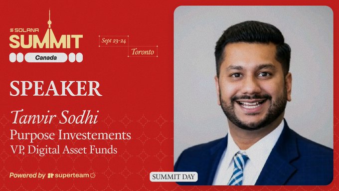 A promotional graphic for the Solana Summit Canada in Toronto, featuring speaker Tanvir Sodhi, VP of Digital Asset Funds at Purpose Investments.