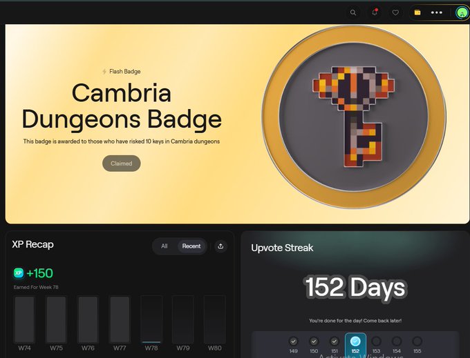 A screenshot showing a 'Cambria Dungeons Badge' achievement page with a pixelated hammer icon, indicating a claimed flash badge for risking 10 keys in Cambria dungeons, along with an XP recap showing +150 for week 78.