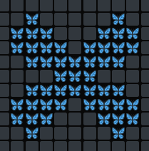 Pixel art featuring blue butterfly icons arranged in symmetrical patterns on a dark grid background.