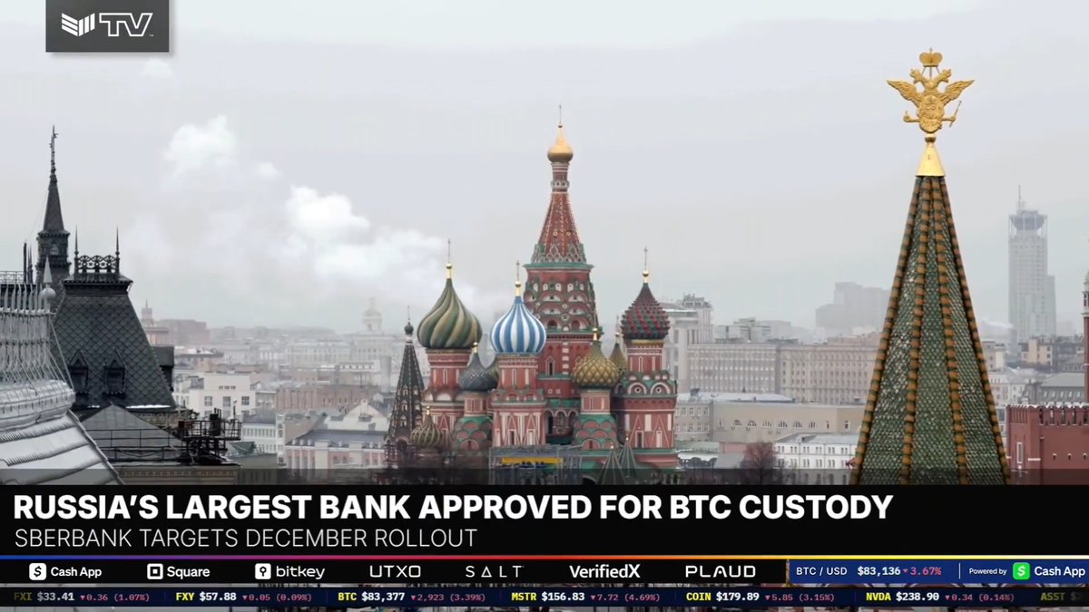 A news broadcast screenshot features Saint Basil's Cathedral in Moscow with the headline 'RUSSIA'S LARGEST BANK APPROVED FOR BTC CUSTODY' and 'SBERBANK TARGETS DECEMBER ROLLOUT', alongside a ticker showing BTC/USD at $83,136.