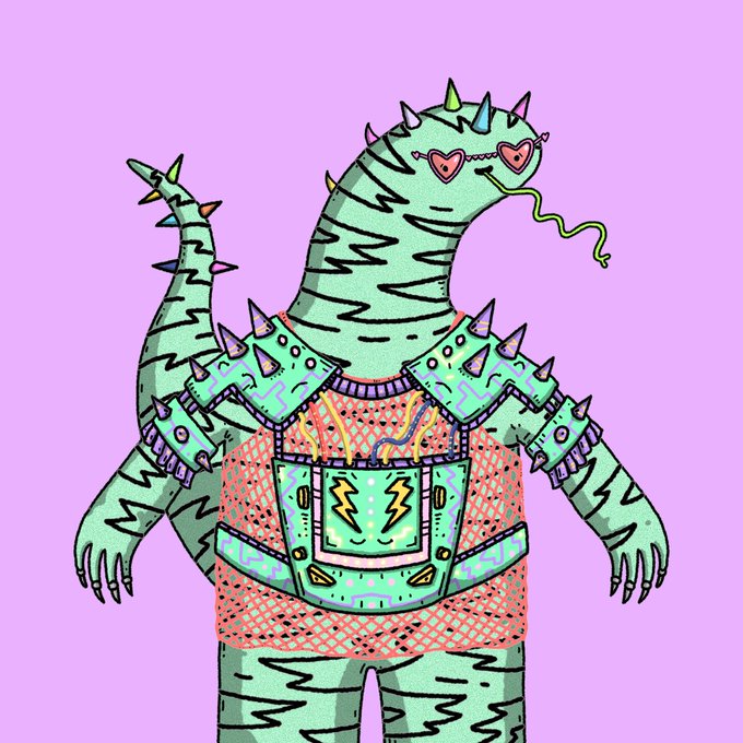 A cartoon illustration of a green dinosaur-like creature with spikes, heart-shaped sunglasses, and an orange shirt, set against a solid purple background.
