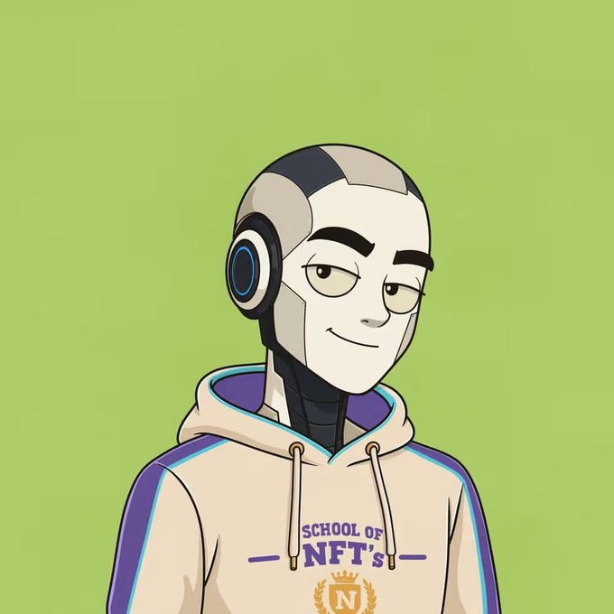 An anime-style illustration of a cyborg character wearing a beige hoodie that reads 'SCHOOL OF NFT'S' with an 'N' logo, set against a green background.