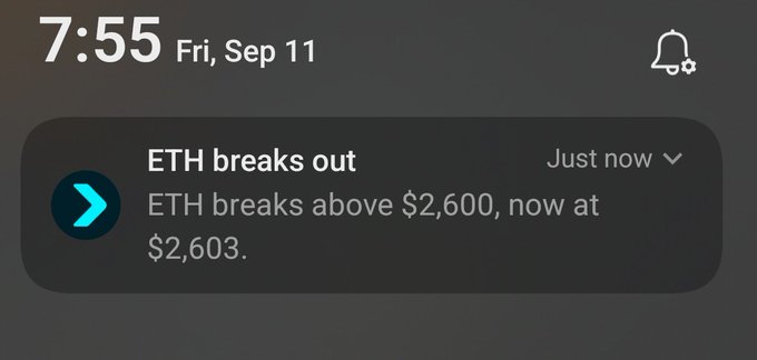 A notification at 7:55 on Friday, September 11, reading 'ETH breaks out - ETH breaks above $2,600, now at $2,603.'