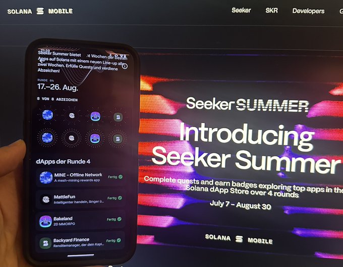 A smartphone displays the Solana Mobile Seeker Summer app showing dApps for round 4 (MINE, MattleFun, Sakeland, Backyard Finance), held against a background screen announcing "Introducing Seeker Summer" with dates July 7 – August 30.