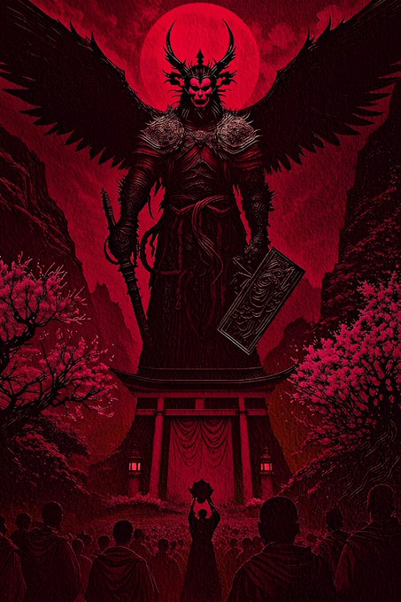 A dark fantasy illustration in deep red tones depicting a massive horned, winged demon figure holding a sword and shield, towering over a torii gate with silhouetted worshippers below beneath a blood moon.