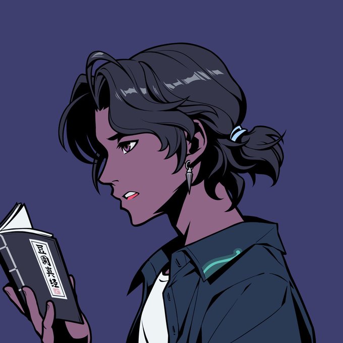 An anime-style illustration of a person with purple skin and dark hair in a ponytail, reading a book with Japanese text on the cover against a dark blue background.