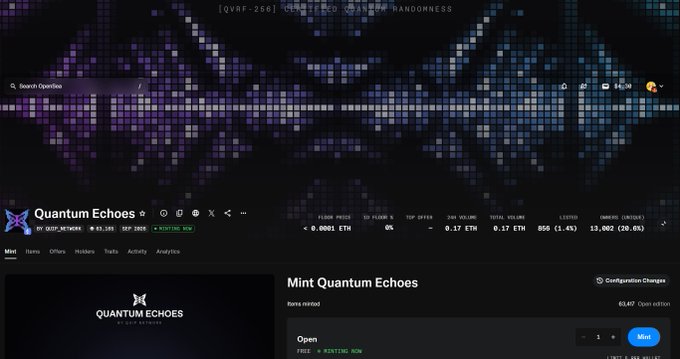 A screenshot of an OpenSea NFT marketplace page for 'Quantum Echoes' NFT collection, showing floor price of 0.0001 ETH and a 'Mint Quantum Echoes' interface with an Open mint status.