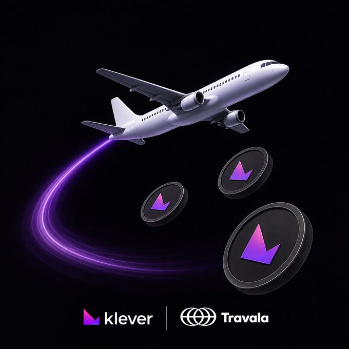 The image features a sleek commercial airplane soaring through a black background, leaving a glowing purple trail behind it, accompanied by three black cryptocurrency-style coins with the purple "klever" logo. The "klever | Travala" branding at the bottom visually reinforces the post's message about using crypto for real-world travel bookings through the Travala platform, where the KLV token facilitates blockchain-powered travel transactions.