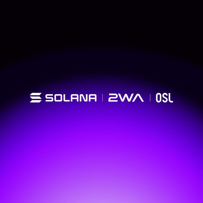 A promotional graphic with a black-to-purple gradient background displays the co-branded logos "SOLANA | 2WA | OSL" in white, representing the collaboration between the Solana blockchain, 2WA's USDGO Plus SP market-neutral digital asset fund, and OSL's tokenization and distribution platform for professional investors in Hong Kong.