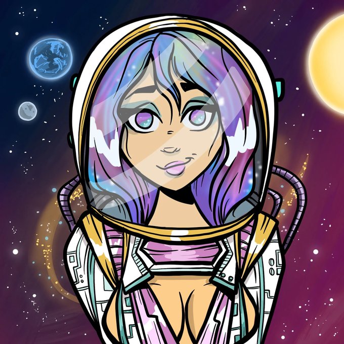 A vibrant digital illustration of an anime-style woman with purple and blue hair wearing a futuristic space helmet, set against a cosmic background with planets and stars.
