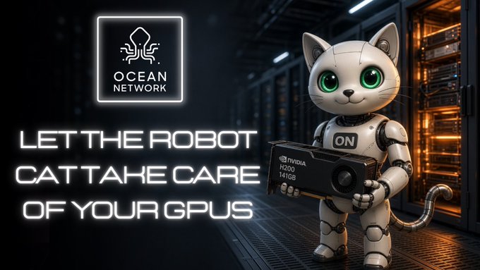 An advertisement featuring a white robot cat holding an NVIDIA H200 141GB graphics card in a server room, with the 'OCEAN NETWORK' logo and text reading 'LET THE ROBOT CAT TAKE CARE OF YOUR GPUS'.