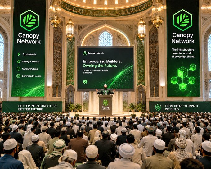 The image shows a large gathering of people, many wearing traditional Islamic caps, listening to a speaker on stage at what appears to be a Canopy Network event held in an ornate hall with Islamic architectural elements. Banners and a large screen display the "Canopy Network" branding with messages like "Empowering Builders. Owning the Future." and slogans such as "The infrastructure layer for a world of sovereign chains," "Fork instantly," "Deploy in Minutes," "Own Everything," and "Sovereign by Design." 

The post aligns with the image's emphasis on ownership and sovereignty, echoing the event's theme of blockchain autonomy by highlighting how building on others' chains means surrendering control to their rules and fees.