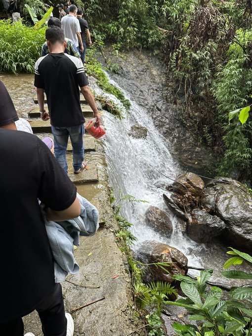 Several people carefully cross stepping stones across a rushing stream in a lush, green jungle environment.
