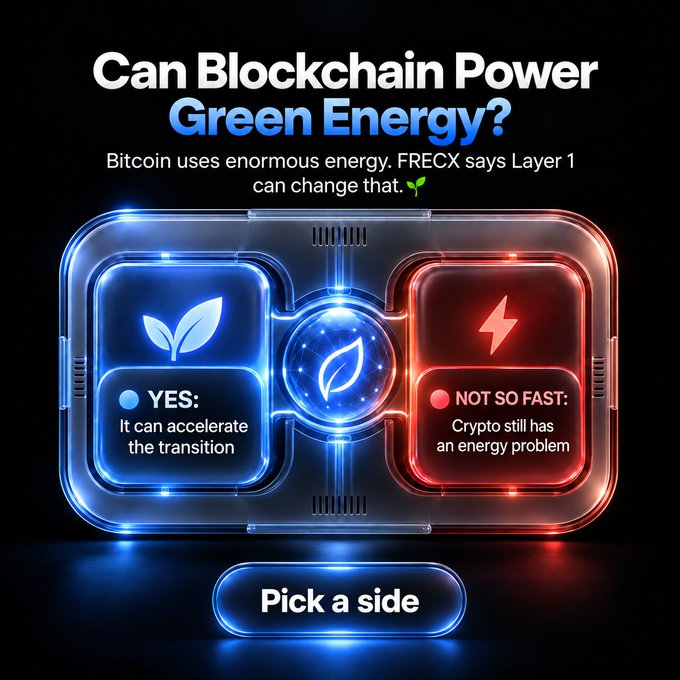 A promotional graphic titled 'Can Blockchain Power Green Energy?' presenting a two-sided comparison between 'YES: It can accelerate the transition' and 'NOT SO FAST: Crypto still has an energy problem' with a 'Pick a side' button.