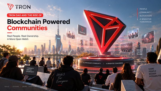 A promotional banner for TRON DAO featuring the iconic red TRON logo hovering over a cityscape, with text promoting 'Blockchain Powered Communities' and 'A More Open Web3.'