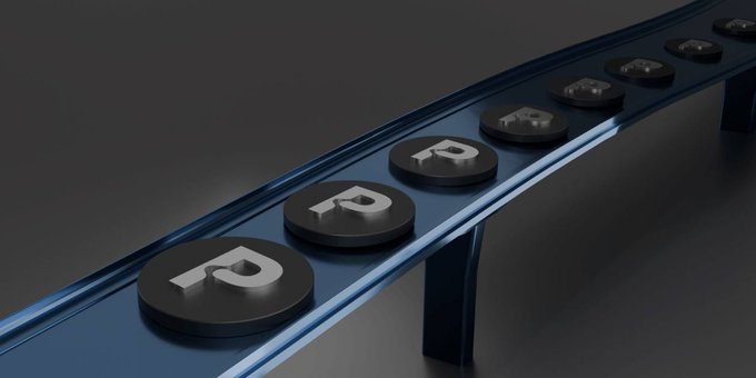 A glossy black conveyor belt displays circular tokens marked with "P" alongside house-shaped icons, symbolizing a lottery system for $POLS token holders. The imagery visually represents the upcoming sale event where holders can participate in a token generation event (TGE) lottery.