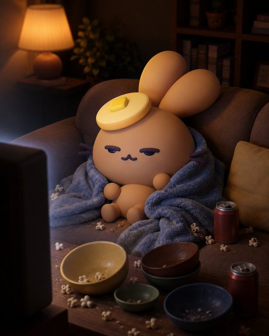 A cute, egg-shaped mascot wearing a pancake hat lounges on a couch in a cozy, dimly lit room scattered with popcorn, bowls, and soda cans—setting the perfect "wanna _ and chill?" vibe that playfully ties into the PancakeSwap stock prompt.