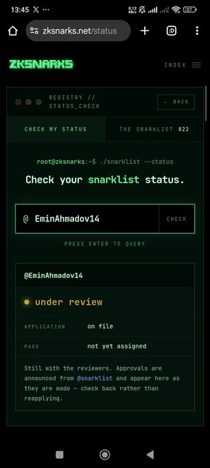 A mobile screenshot from zksnarks.net/status shows a registry status check page with the username '@EminAhmadov14' listed as 'under review' with 'Application on file' and 'PASS not yet assigned'.