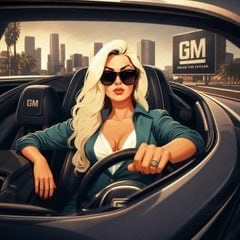 A blonde woman in sunglasses sits confidently in the driver's seat of a car featuring "GM" logos on the seat and a cityscape backdrop, mirroring the post's rallying cry for $GM stockholders to get excited.